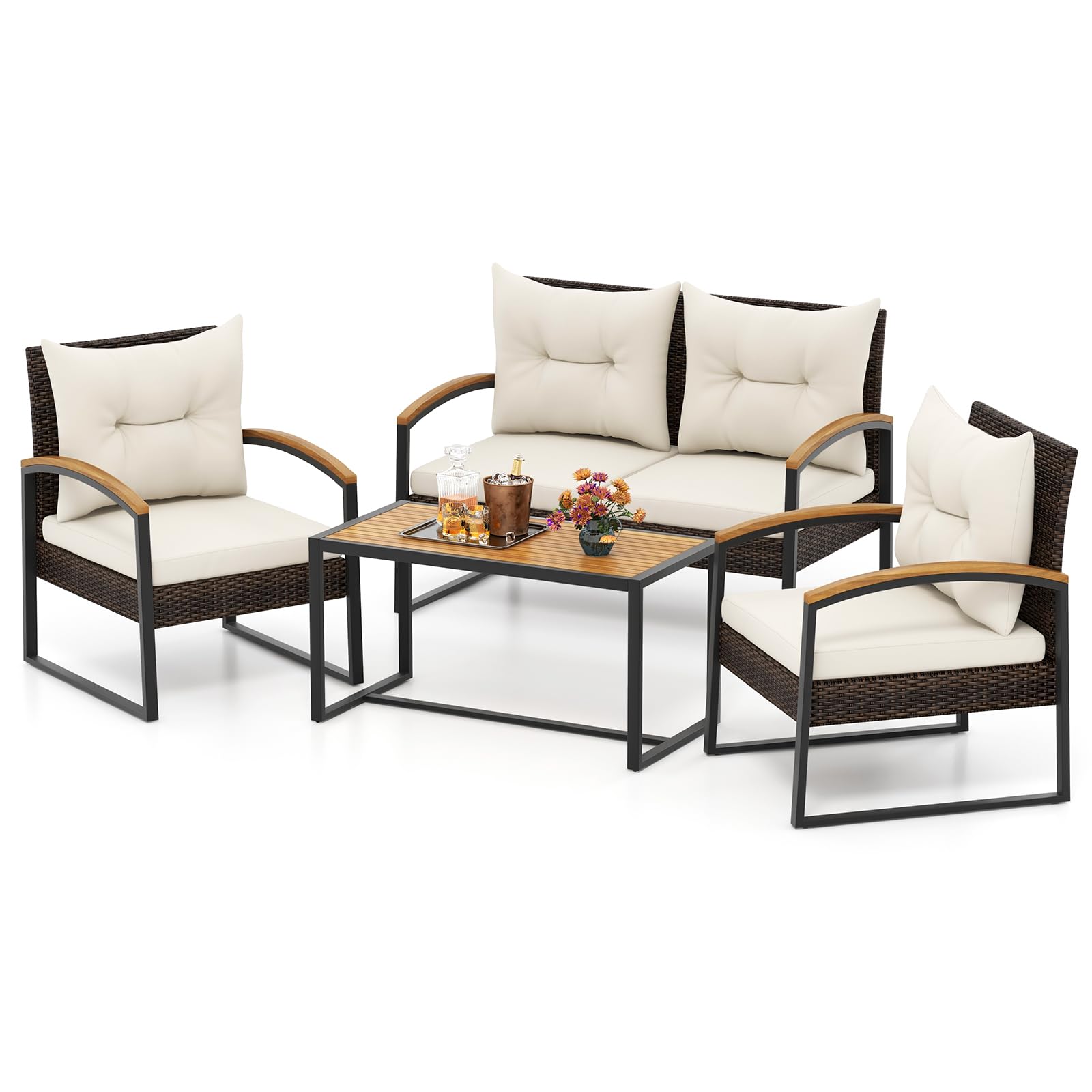 Ensemble de conversation d'extérieur 4 pièces Tangkula, avec accoudoirs et plateau de table en bois d'acacia massif très résistant